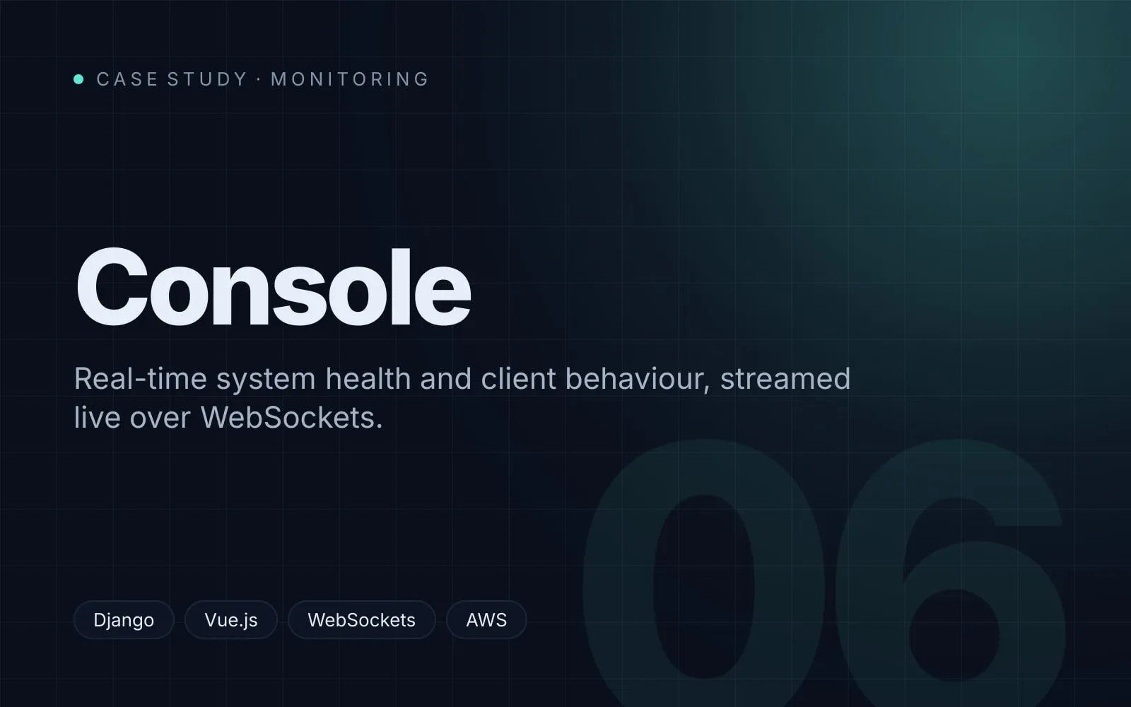 Console, a real-time monitoring dashboard showing live system health metrics and per-client health scores